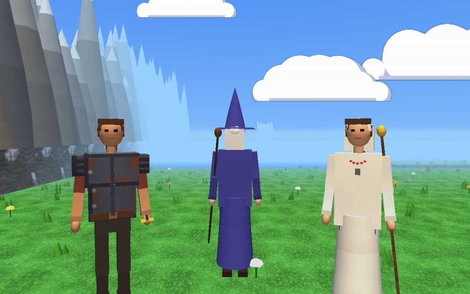 Three companions standing side by side on a grassy plain under a blue sky: a fighter in dark armor on the left, a mage in a blue pointed hat and robe in the middle, and a healer in white robes on the right.
