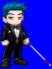 An image of a cartoonish boy with blue hair. He wears a black suit and holds a white cane.